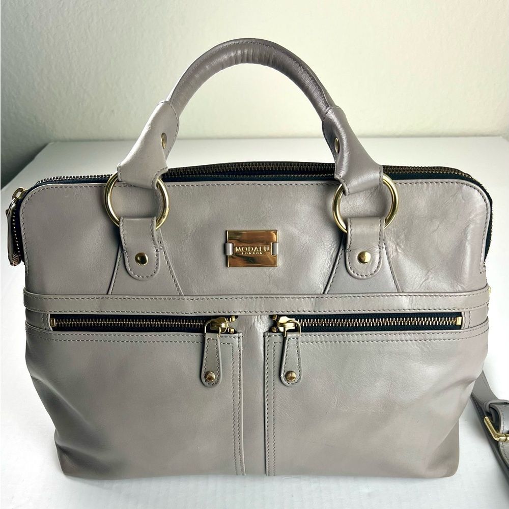 Modalu London Leather Satchel Taupe/Grey Gold Hardware Double Zip Bag - Picture 2 of 16